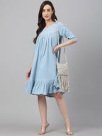 Janasya Women's Light Blue Denim Solid Flared Western Dress | Grocsy