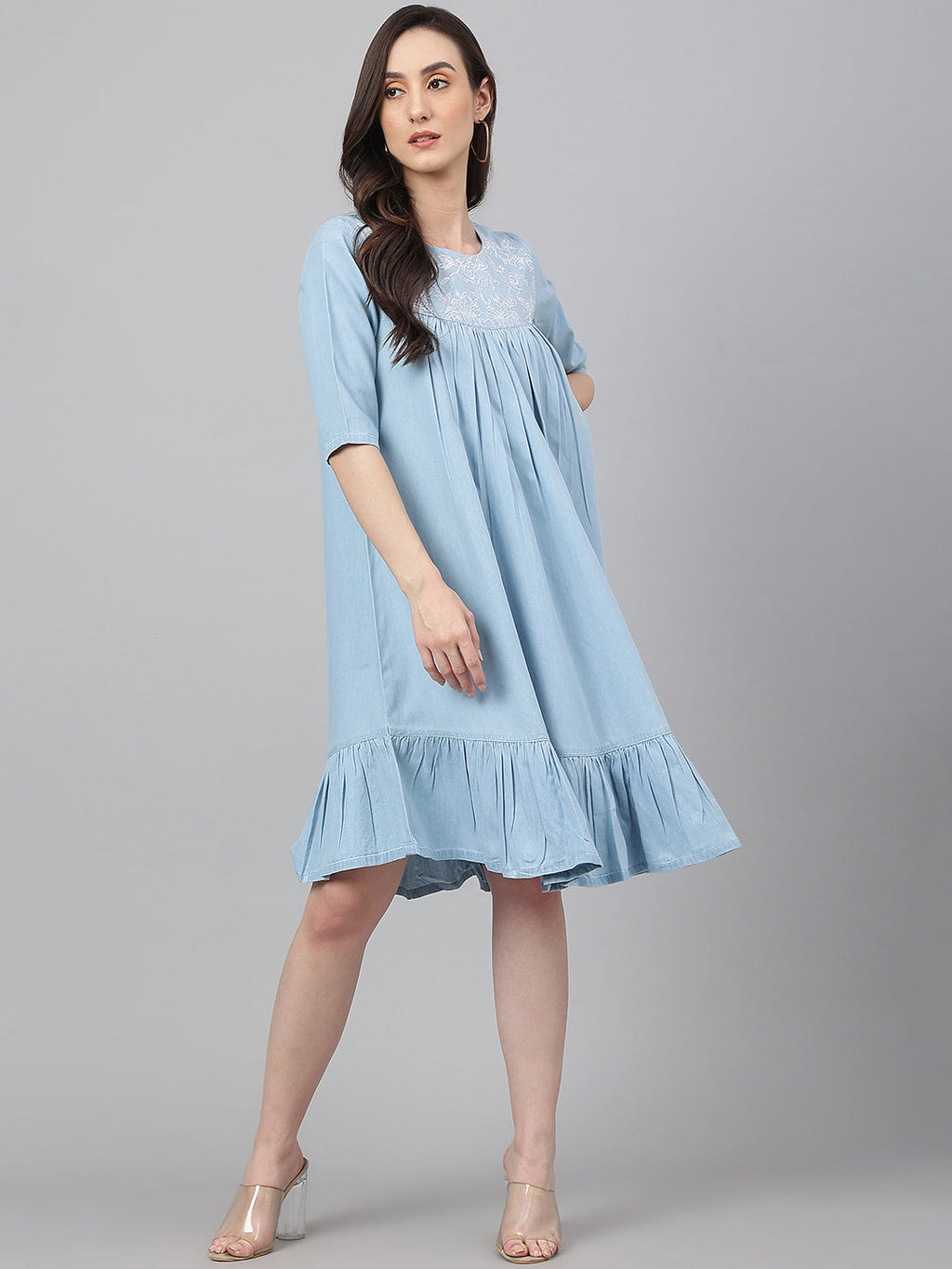 Janasya Women's Light Blue Denim Solid Flared Western Dress | Grocsy