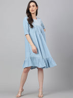 Janasya Women's Light Blue Denim Solid Flared Western Dress | Grocsy