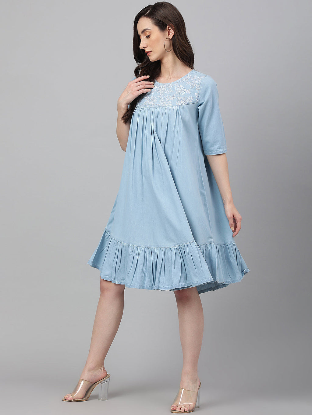 Janasya Women's Light Blue Denim Solid Flared Western Dress | Grocsy