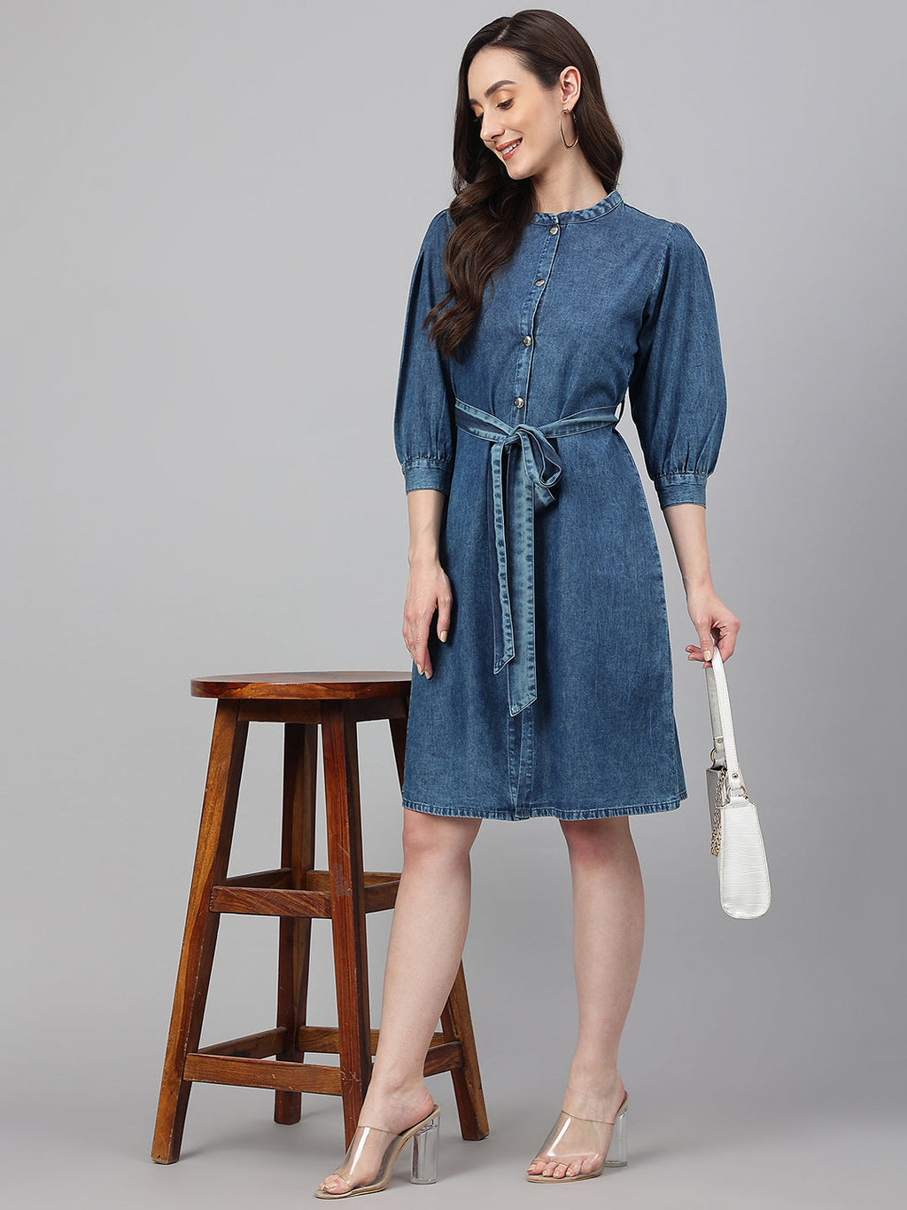 Janasya Women's Blue Denim Solid Straight Western Dress | Grocsy