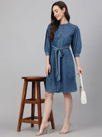 Janasya Women's Blue Denim Solid Straight Western Dress | Grocsy