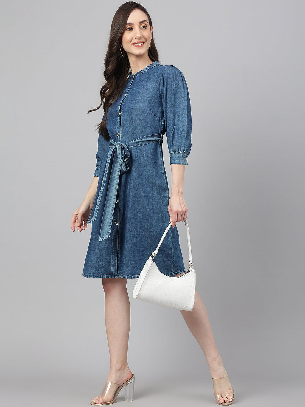 Janasya Women's Blue Denim Solid Straight Western Dress | Grocsy