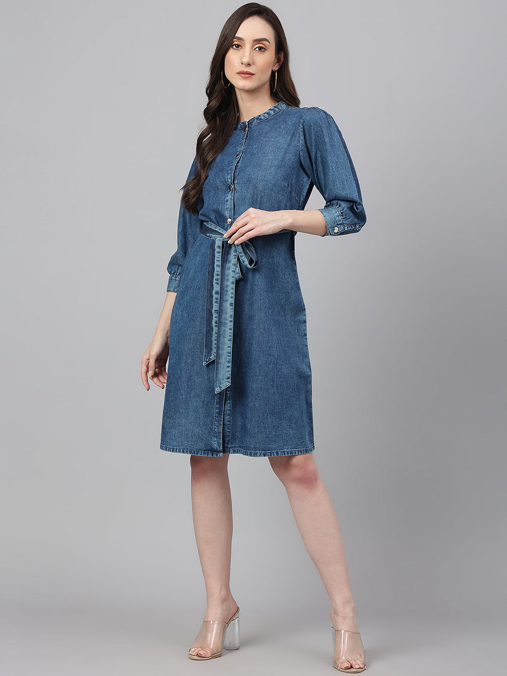 Janasya Women's Blue Denim Solid Straight Western Dress | Grocsy