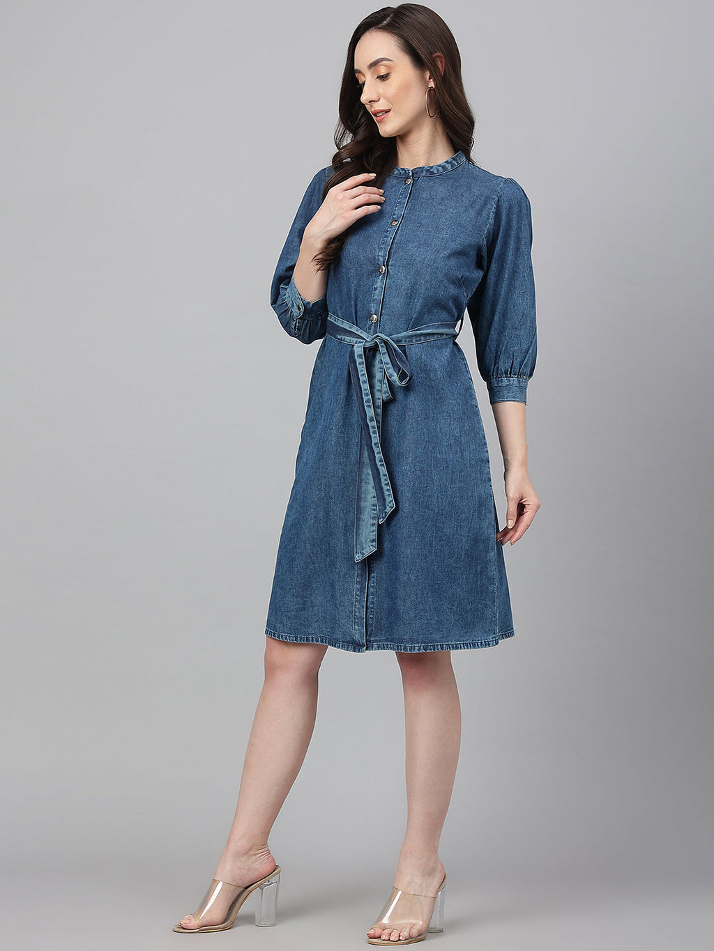 Janasya Women's Blue Denim Solid Straight Western Dress | Grocsy