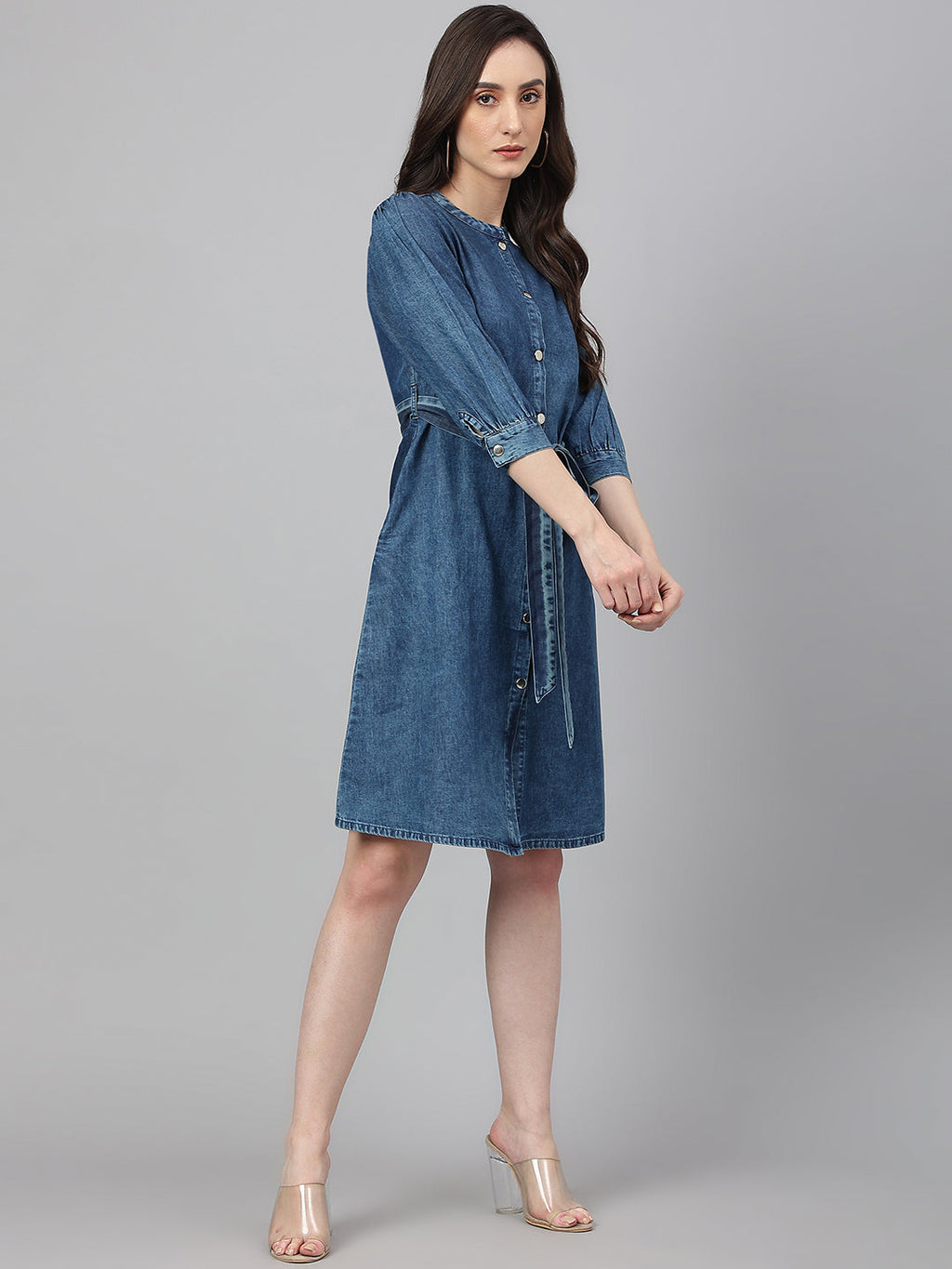 Janasya Women's Blue Denim Solid Straight Western Dress | Grocsy