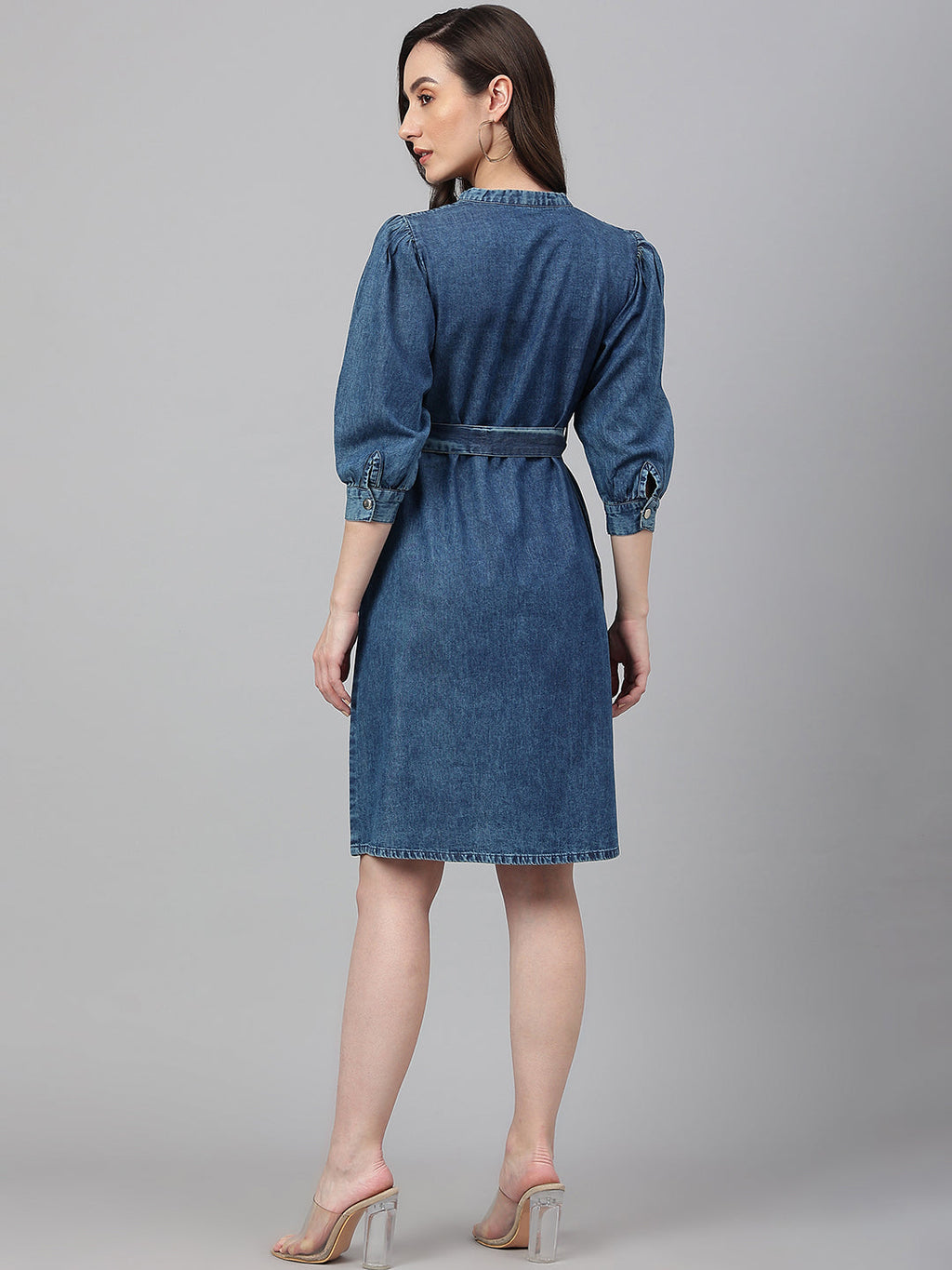 Janasya Women's Blue Denim Solid Straight Western Dress | Grocsy