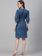 Janasya Women's Blue Denim Solid Straight Western Dress | Grocsy