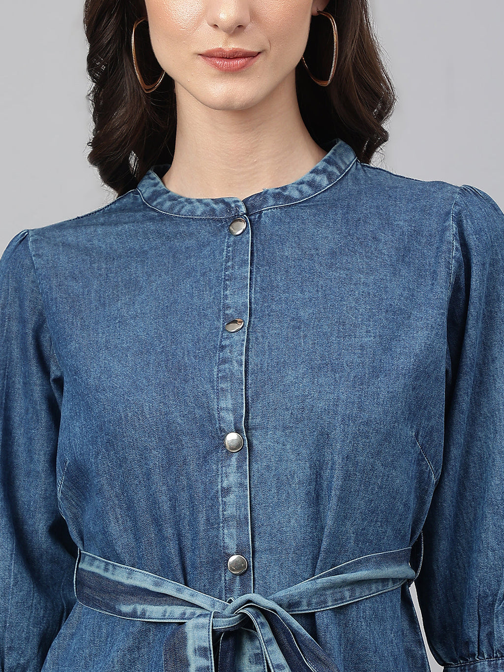 Janasya Women's Blue Denim Solid Straight Western Dress | Grocsy