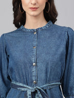 Janasya Women's Blue Denim Solid Straight Western Dress | Grocsy