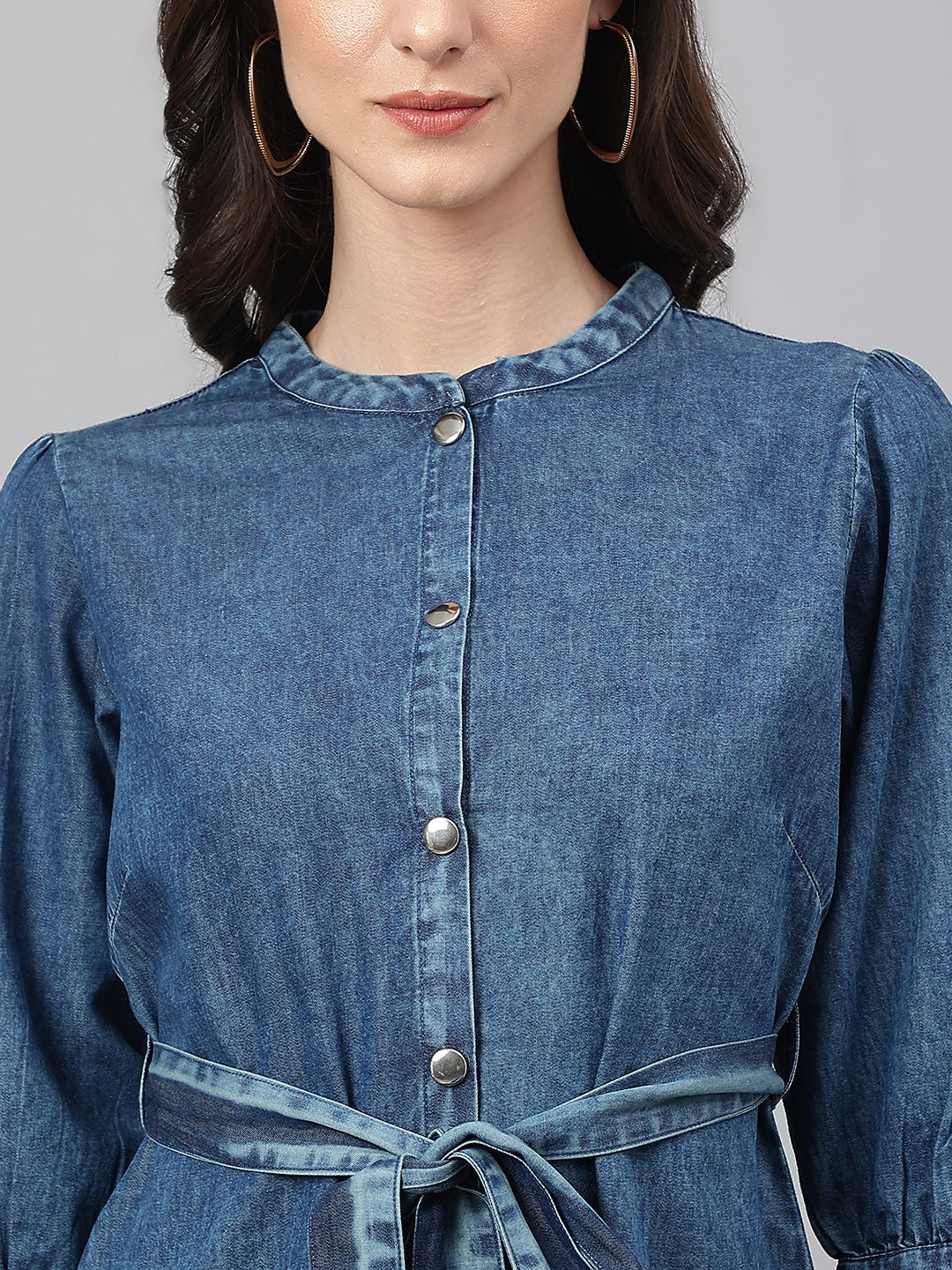 Janasya Women's Blue Denim Solid Straight Western Dress | Grocsy