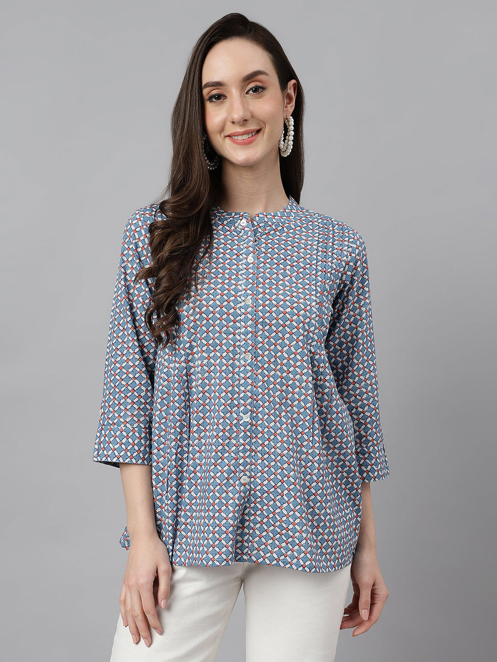 Janasya Women's Blue Cotton Printed Casual Regular Top | Grocsy