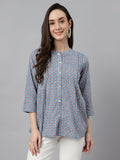 Janasya Women's Blue Cotton Printed Casual Regular Top | Grocsy