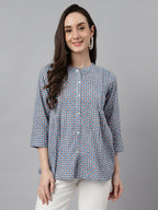 Janasya Women's Blue Cotton Printed Casual Regular Top | Grocsy