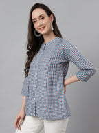 Janasya Women's Blue Cotton Printed Casual Regular Top | Grocsy