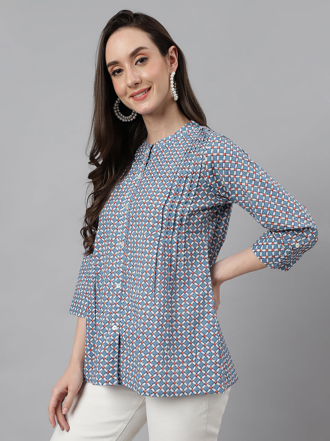 Janasya Women's Blue Cotton Printed Casual Regular Top | Grocsy