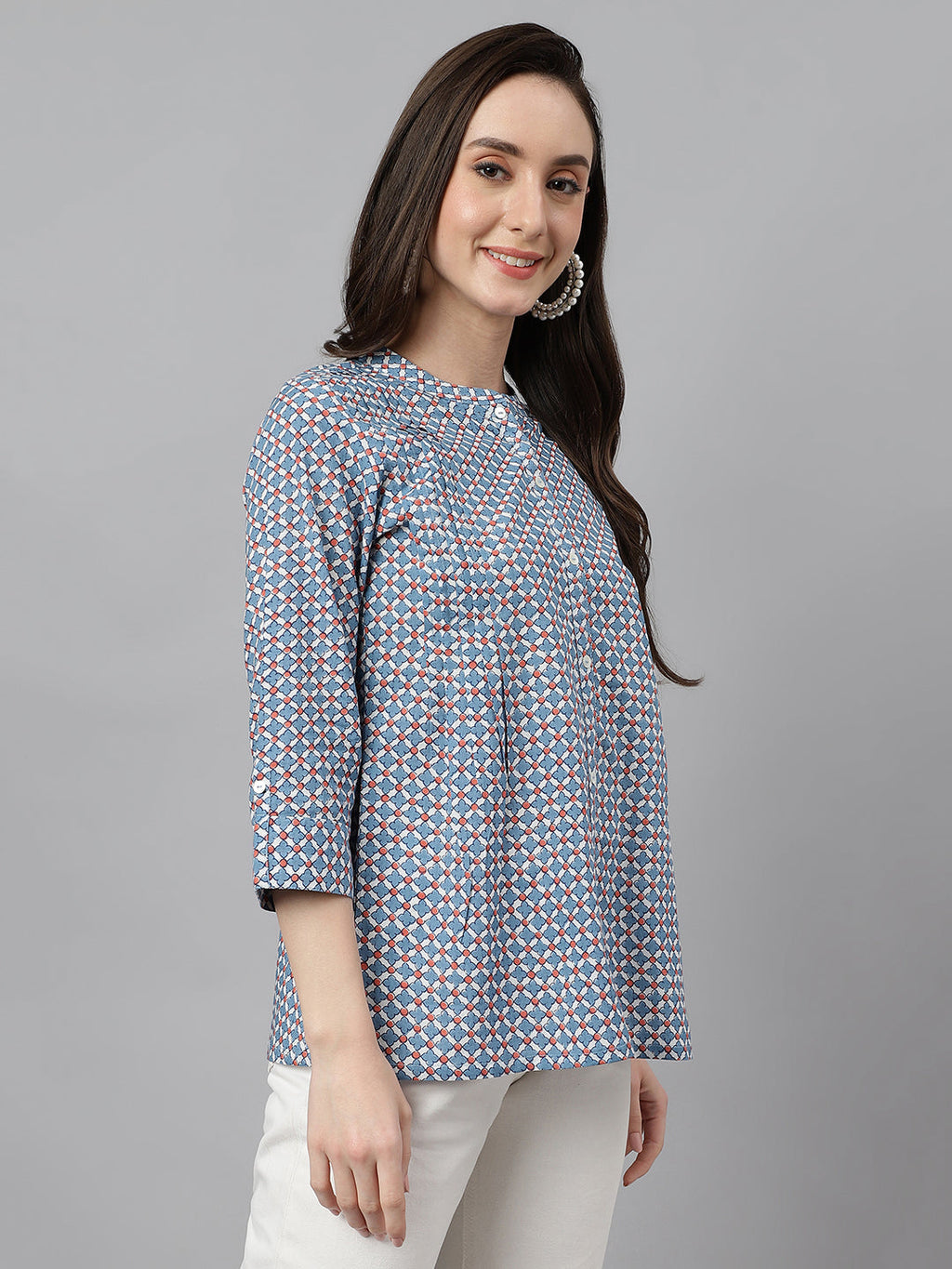 Janasya Women's Blue Cotton Printed Casual Regular Top | Grocsy