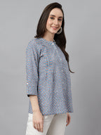 Janasya Women's Blue Cotton Printed Casual Regular Top | Grocsy