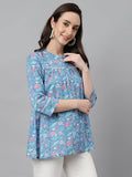 Janasya Women's Blue Cotton Botanical Print Casual Empire Top | Grocsy