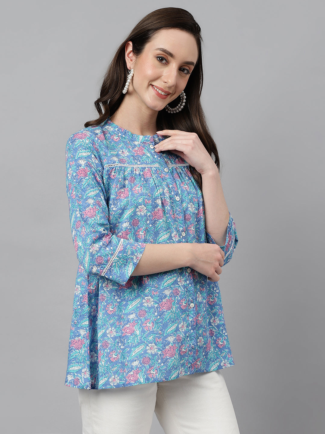 Janasya Women's Blue Cotton Botanical Print Casual Empire Top | Grocsy
