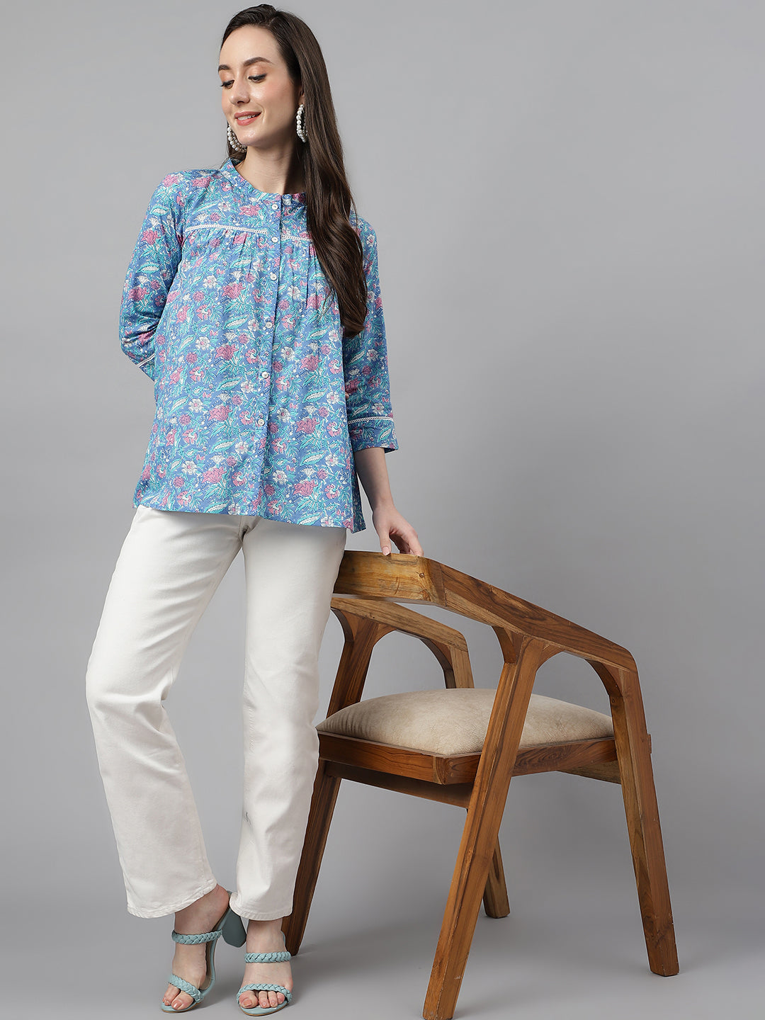 Janasya Women's Blue Cotton Botanical Print Casual Empire Top | Grocsy