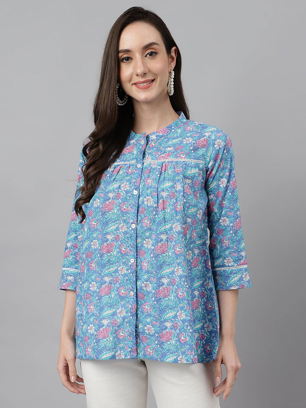 Janasya Women's Blue Cotton Botanical Print Casual Empire Top | Grocsy
