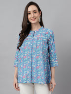 Janasya Women's Blue Cotton Botanical Print Casual Empire Top | Grocsy
