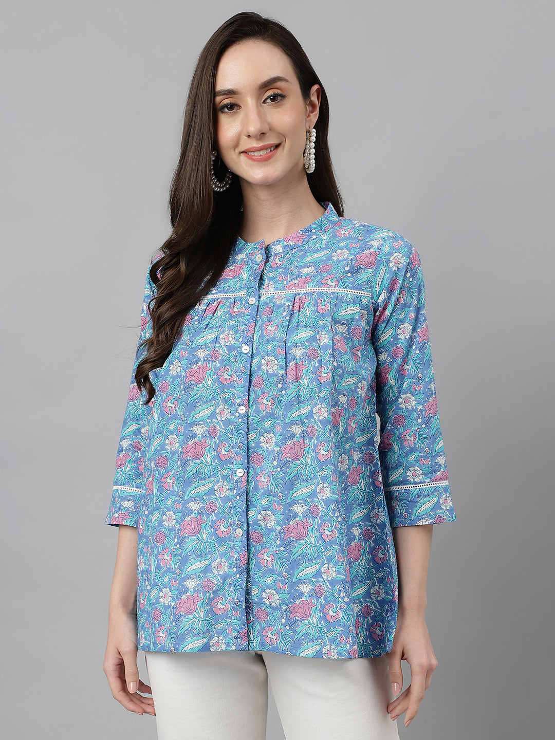 Janasya Women's Blue Cotton Botanical Print Casual Empire Top | Grocsy