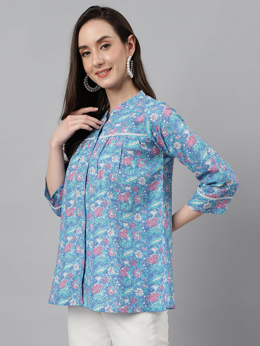 Janasya Women's Blue Cotton Botanical Print Casual Empire Top | Grocsy