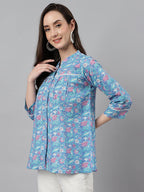 Janasya Women's Blue Cotton Botanical Print Casual Empire Top | Grocsy