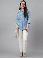 Janasya Women's Blue Cotton Botanical Print Casual Empire Top | Grocsy