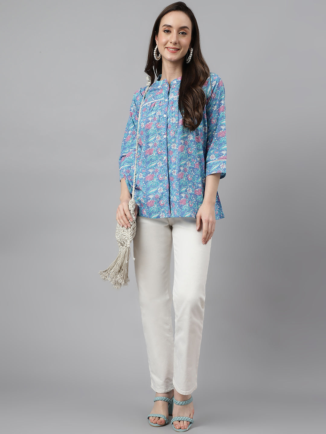 Janasya Women's Blue Cotton Botanical Print Casual Empire Top | Grocsy