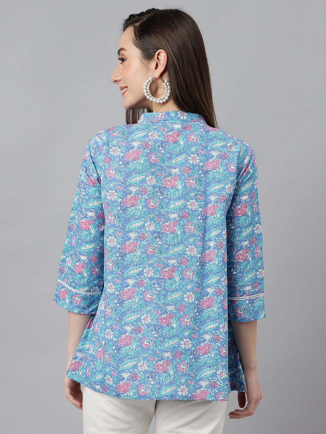 Janasya Women's Blue Cotton Botanical Print Casual Empire Top | Grocsy