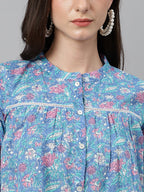 Janasya Women's Blue Cotton Botanical Print Casual Empire Top | Grocsy