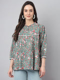 Janasya Women's Green Cotton Botanical Print Casual Empire Top | Grocsy