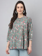 Janasya Women's Green Cotton Botanical Print Casual Empire Top | Grocsy