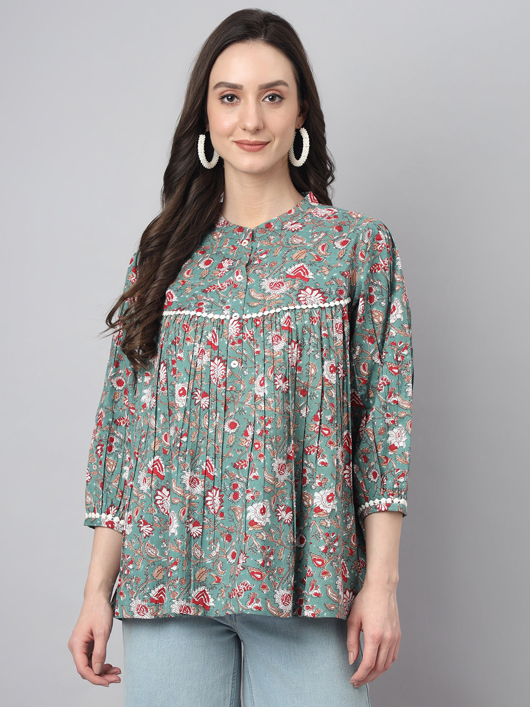 Janasya Women's Green Cotton Botanical Print Casual Empire Top | Grocsy