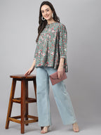 Janasya Women's Green Cotton Botanical Print Casual Empire Top | Grocsy