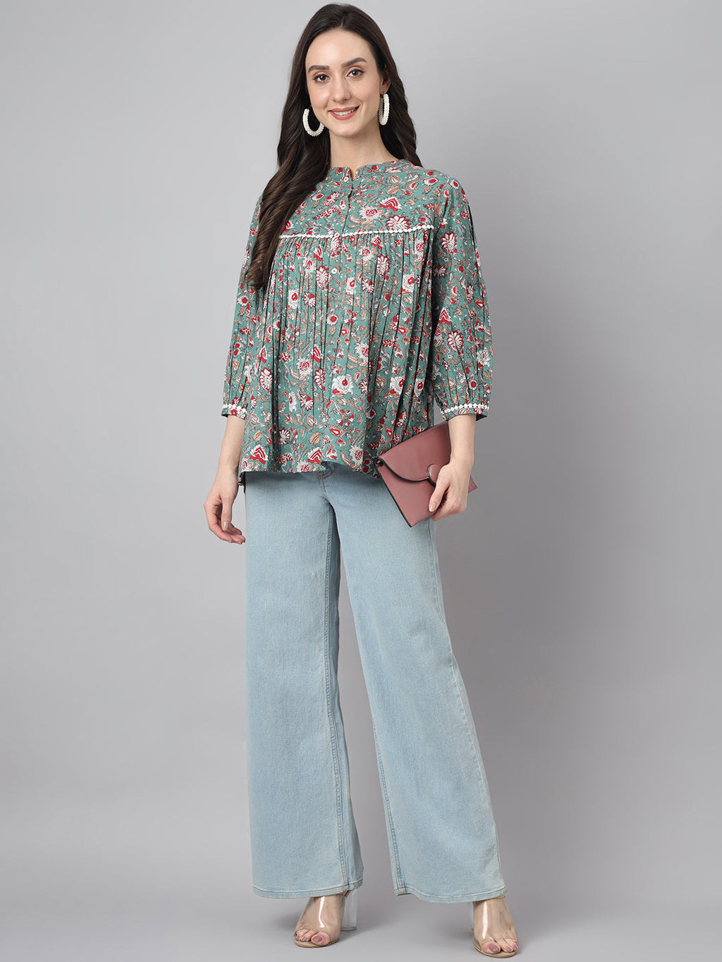 Janasya Women's Green Cotton Botanical Print Casual Empire Top | Grocsy