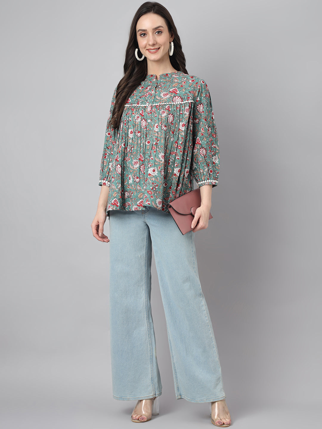Janasya Women's Green Cotton Botanical Print Casual Empire Top | Grocsy