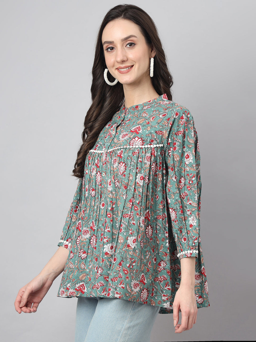 Janasya Women's Green Cotton Botanical Print Casual Empire Top | Grocsy