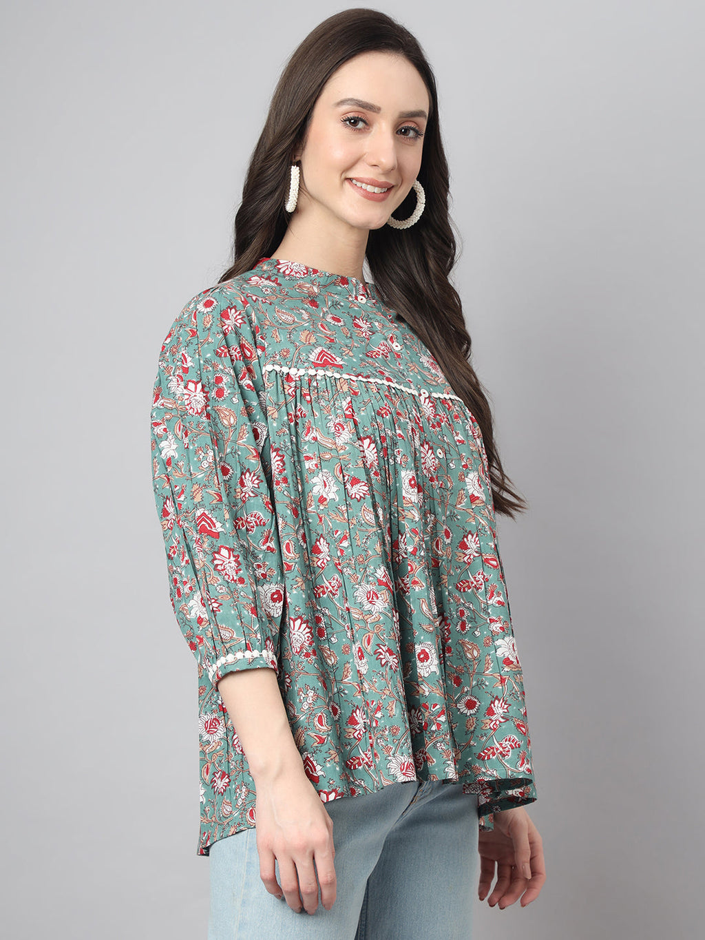 Janasya Women's Green Cotton Botanical Print Casual Empire Top | Grocsy
