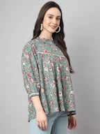 Janasya Women's Green Cotton Botanical Print Casual Empire Top | Grocsy