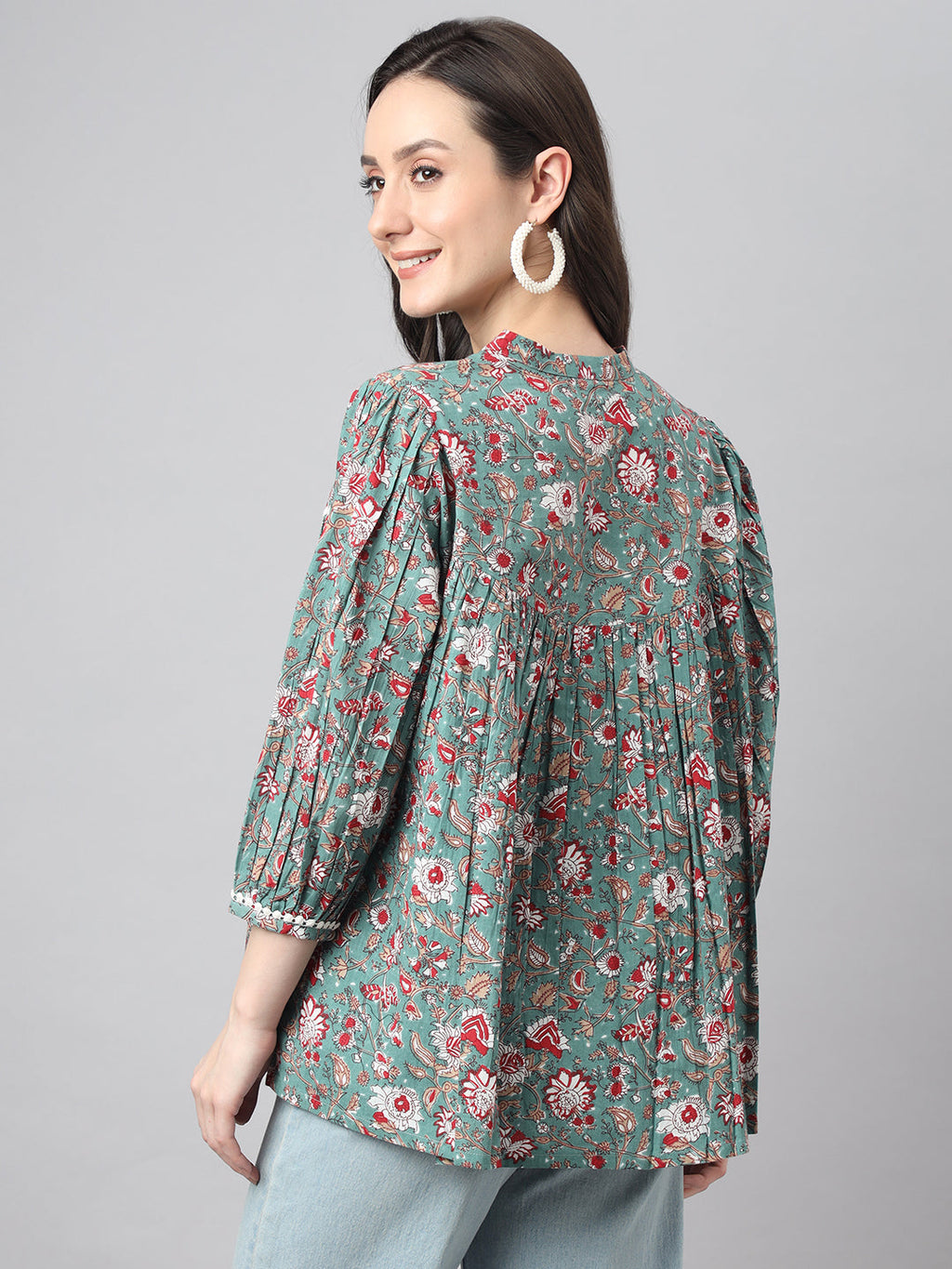 Janasya Women's Green Cotton Botanical Print Casual Empire Top | Grocsy
