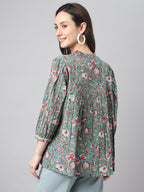 Janasya Women's Green Cotton Botanical Print Casual Empire Top | Grocsy