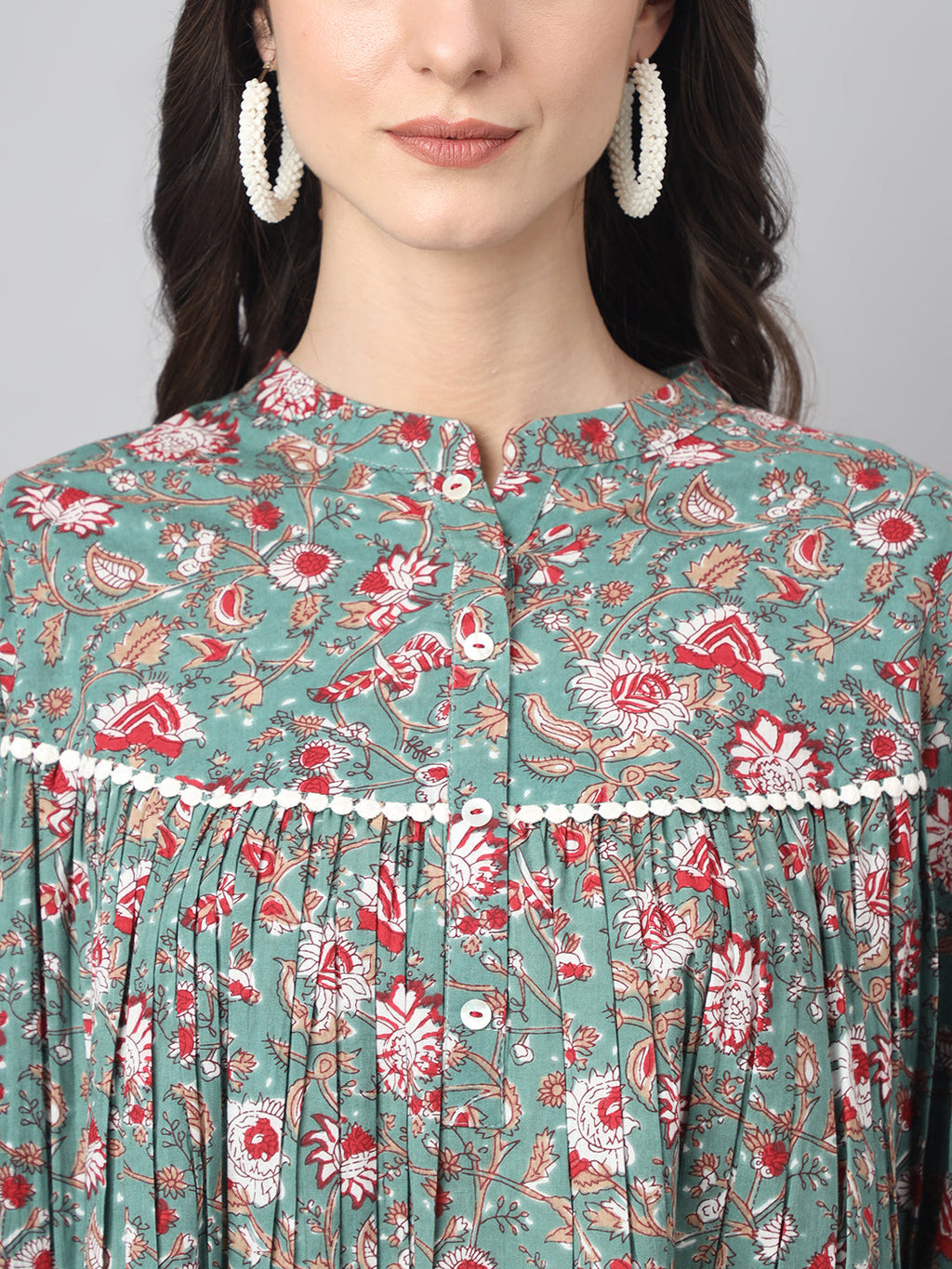 Janasya Women's Green Cotton Botanical Print Casual Empire Top | Grocsy