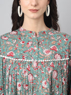 Janasya Women's Green Cotton Botanical Print Casual Empire Top | Grocsy