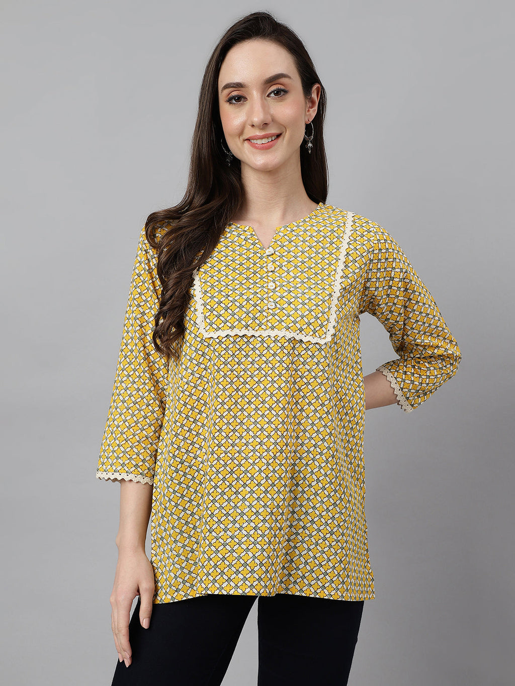 Janasya Women's Mustard Cotton Ethnic Motifs Casual Regular Top | Grocsy