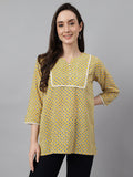Janasya Women's Mustard Cotton Ethnic Motifs Casual Regular Top | Grocsy