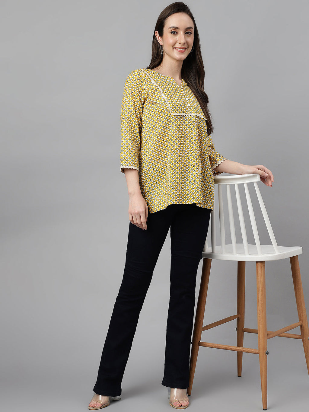 Janasya Women's Mustard Cotton Ethnic Motifs Casual Regular Top | Grocsy
